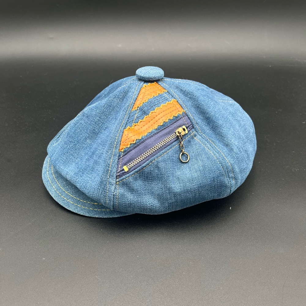 Vintage 70’s Denim and Orange Paper Boy Hat With Stash Pocket Sz Sm